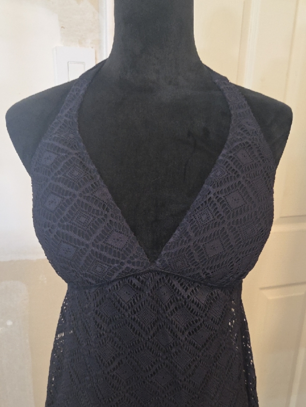 Crochet Halter Fringe Tank Top Swim Top Navy Blue Padded Summer Beach - Picture 2 of 11